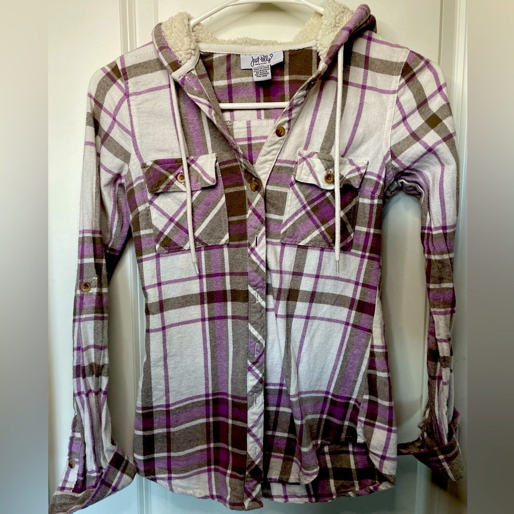 Juniors' Plaid Sherpa Hooded Button-up Shirt/Jacket In Taupe Lavender